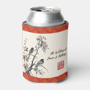 Red flower bird oriental Chinese wedding Can Cooler