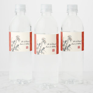 Red flower birds oriental Chinese wedding Water Bottle Label