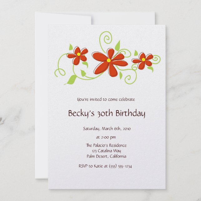 Red Flower Birthday Invitation (Front)