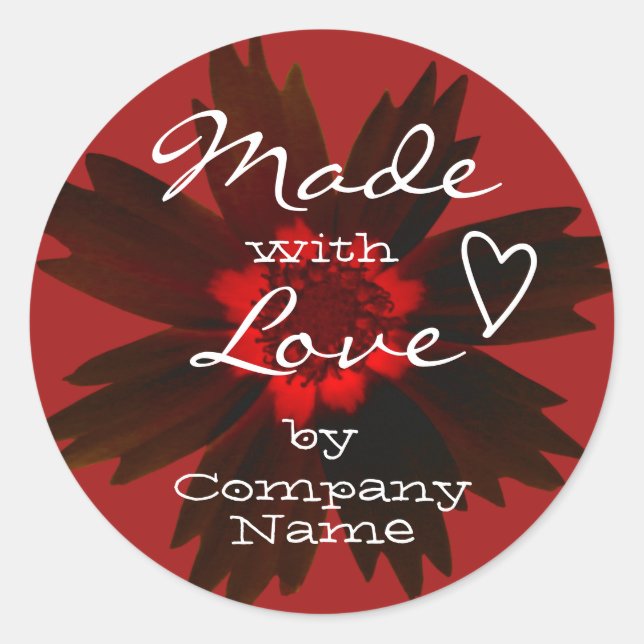 Red Flower Blossom Made with Love by Company Name  Classic Round Sticker (Front)