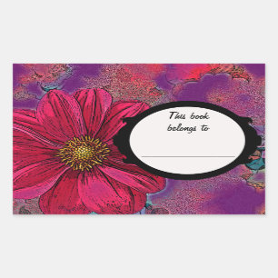 Red Flower Book Plate. Rectangular Sticker