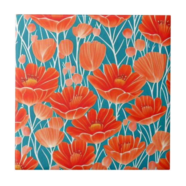 Red flower botanical ceramic tile (Front)