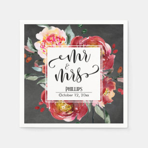 Red Flower Bouquet Chalkboard, Mr & Mrs Typography Napkin