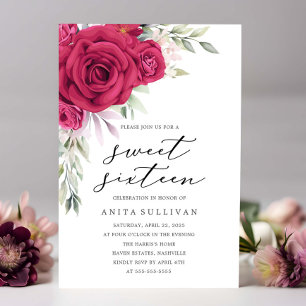 Red Flower Bouquet Sweet Sixteen 16 Birthday Invitation