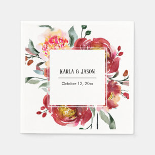 Red Flower Bouquet with Names & Date Napkin