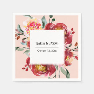 Red Flower Bouquet with Names & Date on Blush Pink Napkin