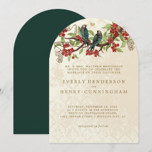 Red Flower Branch Vintage Birds Wedding Invitation