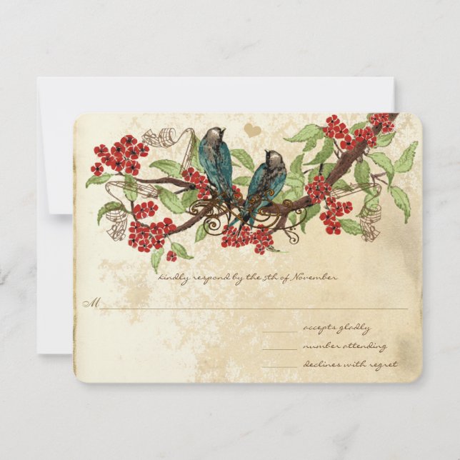 Red Flower Branch Vintage Birds Wedding RSVP Card (Front)