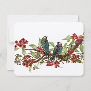 Red Flower Branch Vintage Birds Wedding RSVP Card