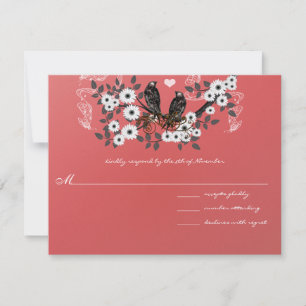 Red Flower Branch Vintage Love Birds Wedding #3 RSVP Card