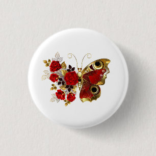Red flower butterfly with red roses 3 cm round badge