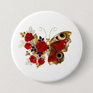 Red flower butterfly with red roses 7.5 cm round badge