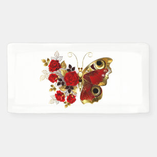 Red flower butterfly with red roses banner