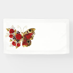 Red flower butterfly with red roses banner