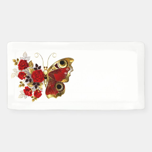 Red flower butterfly with red roses banner (Horizontal)