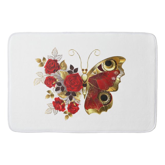 Red flower butterfly with red roses bath mat (Front)