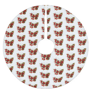 Red flower butterfly with red roses brushed polyester tree skirt