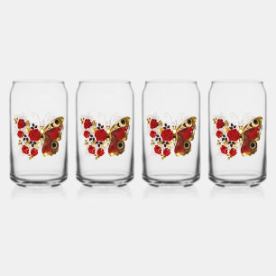 Red flower butterfly with red roses can glass
