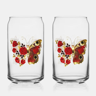 Red flower butterfly with red roses can glass