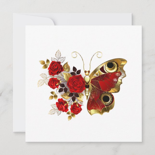 Red flower butterfly with red roses card (Front)