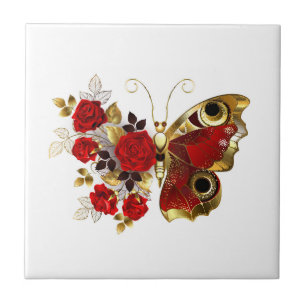 Red flower butterfly with red roses ceramic tile