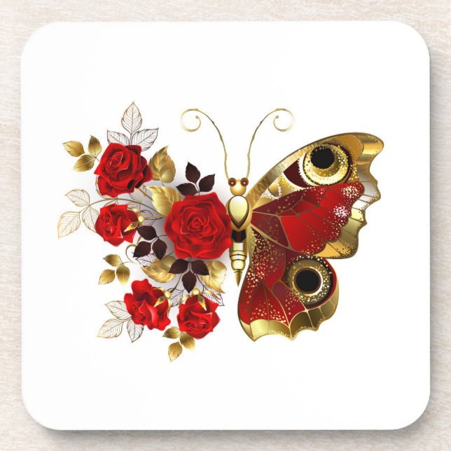 Red flower butterfly with red roses coaster (Front)