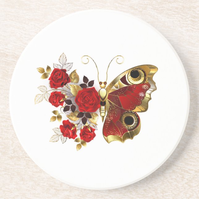 Red flower butterfly with red roses coaster (Front)