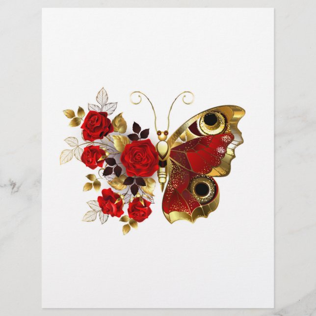 Red flower butterfly with red roses custom letterhead (Front)