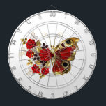 Red flower butterfly with red roses dartboard<br><div class="desc">Red peacock eyed flower butterfly with red textured wing,  decorated with composition of red,  artistically painted roses with golden stems and leaves on white background.</div>