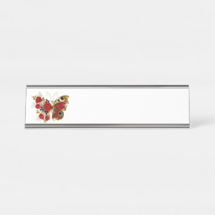 Red flower butterfly with red roses desk name plate