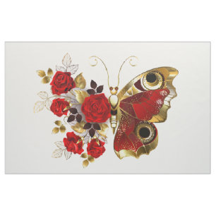 Red flower butterfly with red roses fabric