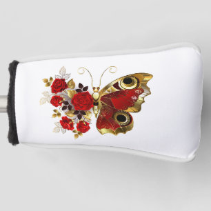 Red flower butterfly with red roses golf head cover