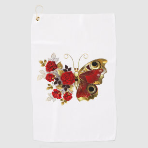 Red flower butterfly with red roses golf towel