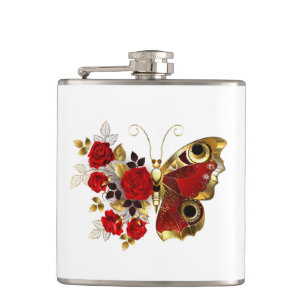 Red flower butterfly with red roses hip flask