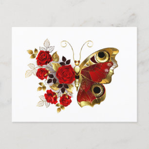 Red flower butterfly with red roses holiday postcard