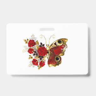 Red flower butterfly with red roses ID badge