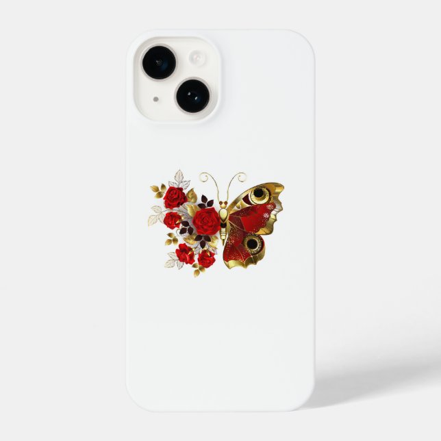 Red flower butterfly with red roses iPhone case (Back)
