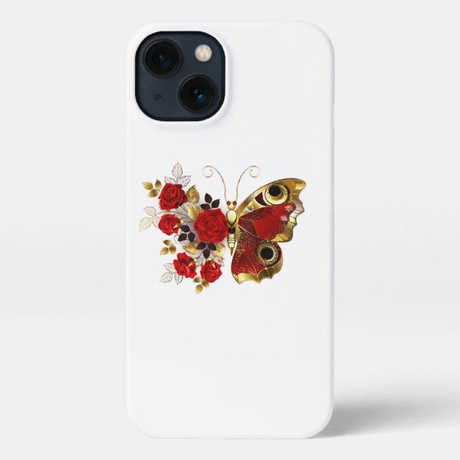 Red flower butterfly with red roses iPhone case (Back)
