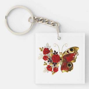 Red flower butterfly with red roses key ring