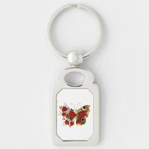 Red flower butterfly with red roses key ring