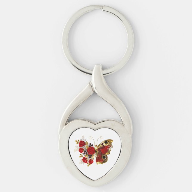 Red flower butterfly with red roses key ring (Front)