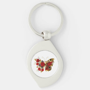 Red flower butterfly with red roses key ring