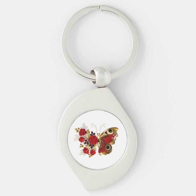 Red flower butterfly with red roses key ring (Front)