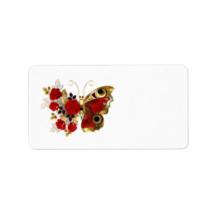 Red flower butterfly with red roses label