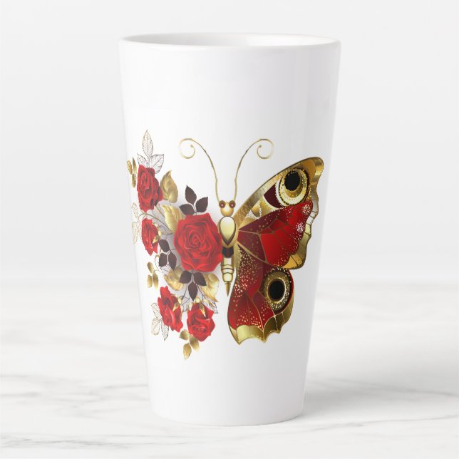 Red flower butterfly with red roses latte mug (Front)