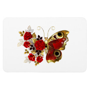 Red flower butterfly with red roses magnet