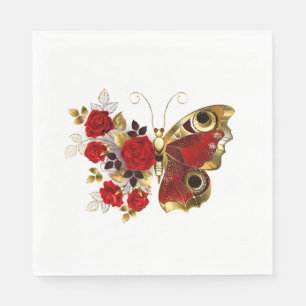 Red flower butterfly with red roses napkin