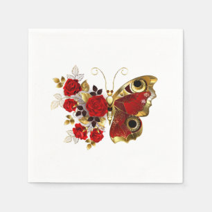 Red flower butterfly with red roses napkin