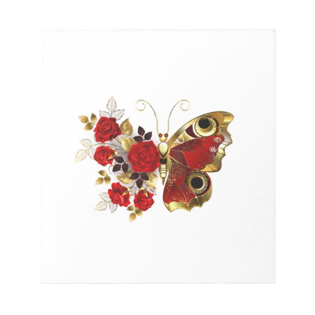 Red flower butterfly with red roses notepad (Front)
