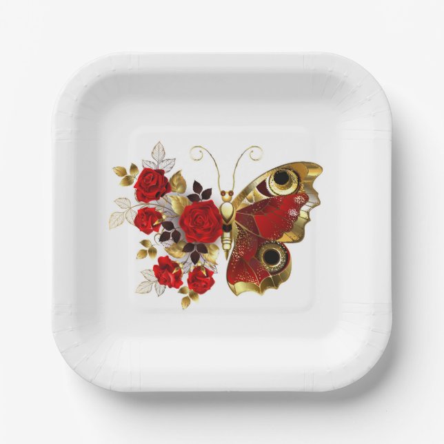 Red flower butterfly with red roses paper plate (Front)